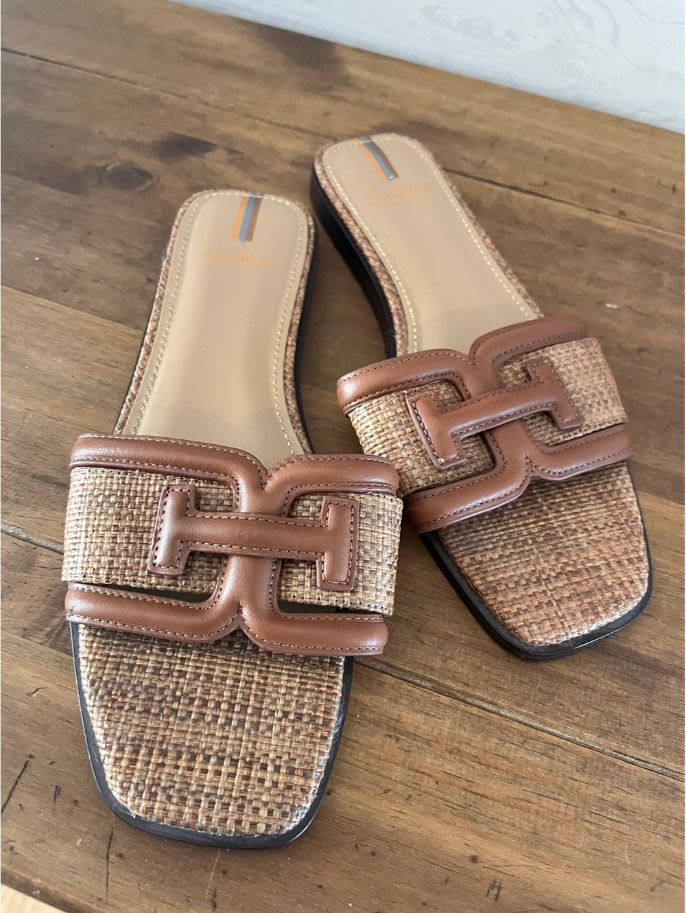 Sam Edelman Irina Woven Raffia Slide Sandals Cognac Brown 7.5